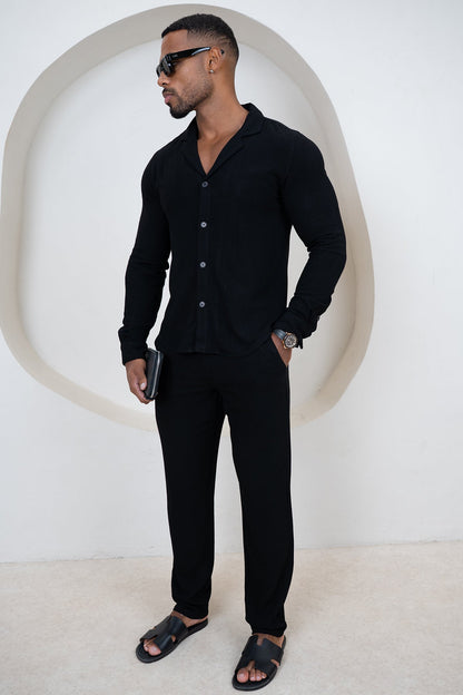 Linen Long Sleeve Resort Shirt - Black