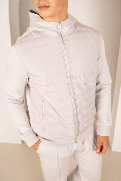 Hybrid Quilted Zip Through Hooded Jacket - Light Grey