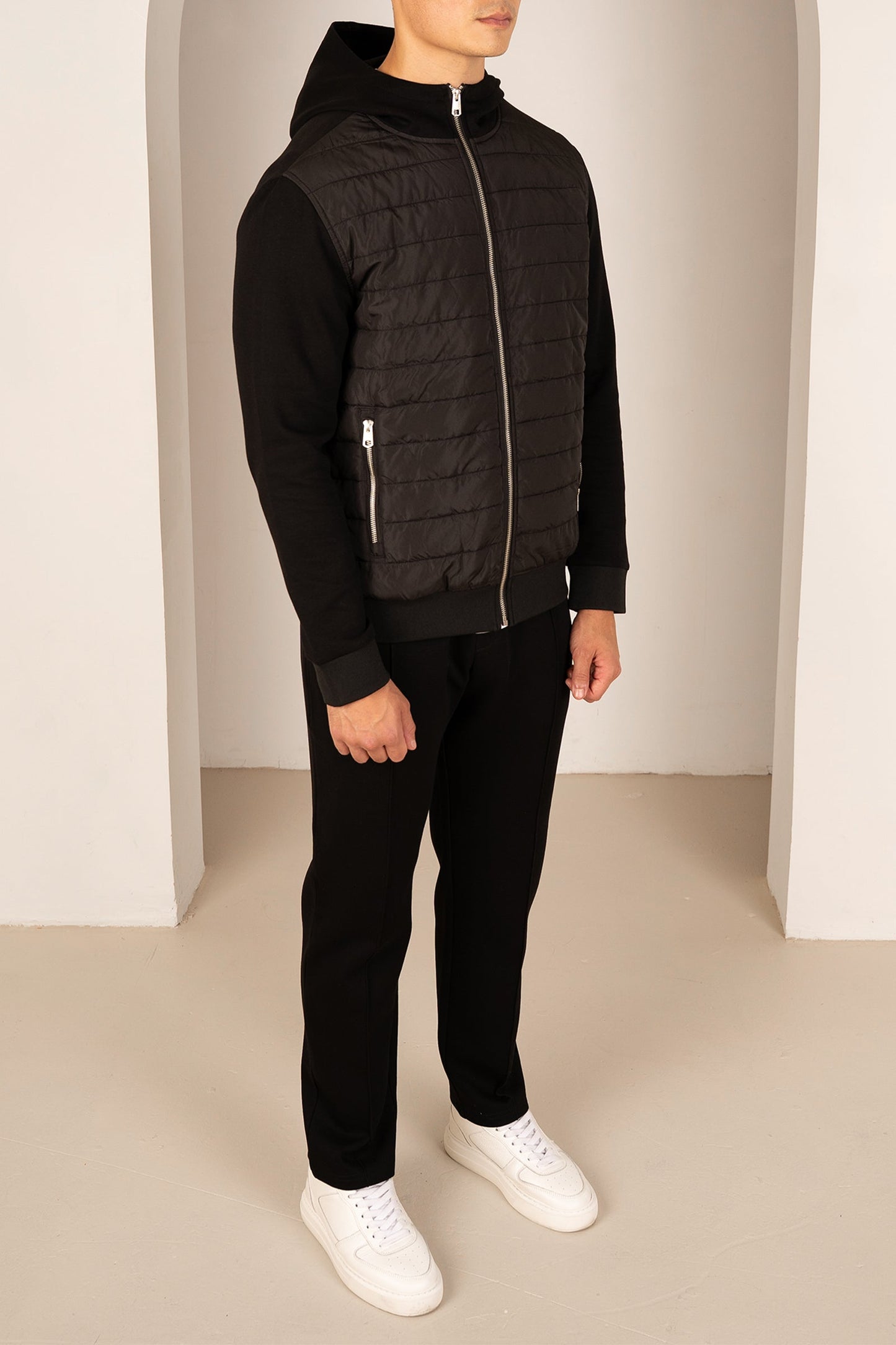 Hybrid Quilted Zip Through Hooded Jacket - Black